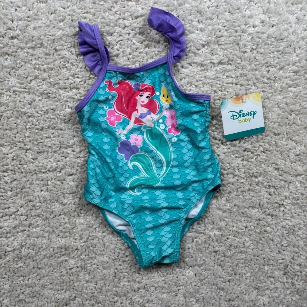 NWT‎ Disney Baby Girls Swimsuit 18M Teal Ariel Mermaid Ruffle One Piece